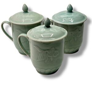 Set of 3 Vintage Lidded Sea Green Celadon Coffee Tea Cups w/ Koi Fish Pattern 5"
